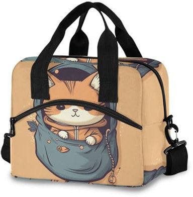 RPLIFE Bolsa de almuerzo con diseño de gatito amarillo escondido en el bolsillo, bolsa de almuerzo aislada para niños, bolsa de almuerzo grande para mujeres, 11.4 x 7.1 x 9.5 pulgadas, lonchera para