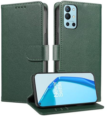 GoodcAcy Handyhülle Kompatibel mit OnePlus 9 Pro Hülle Premium Echtleder Lederhülle Klappbar Flip Case Tasche Magnet Kartenfach Standfunktion RFID Blocker Schutzhülle,Grün