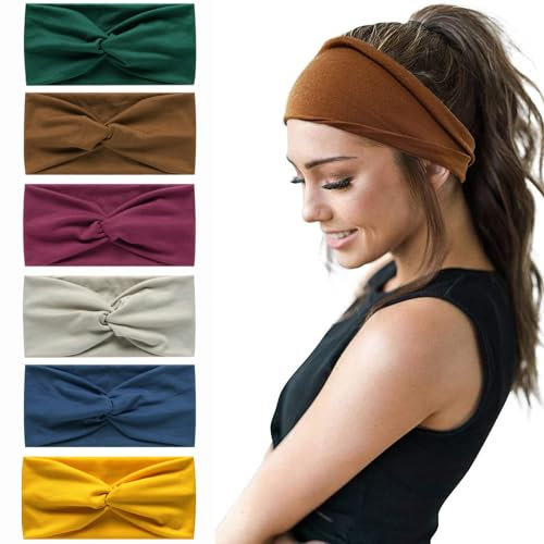 Bandana-Stirnbänder für Damen, breit, gewellt, Boho-Kopftücher, Turban-Stoff, elastisches Stirnband, Yoga, Haarbänder, Sport, Laufen, Kopftücher (grünes Stirnband), 6 Stück