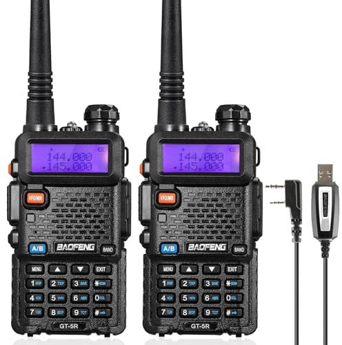 BAOFENG GT-5R Walkie Talkie, Radio de Doble Banda para 144-146/430-440MHz, Largo Alcance con 128 Canales, Batería de 1800 mAh, Auriculares, Cable de Programación para Camping, Soporte Chirp, 2PCS