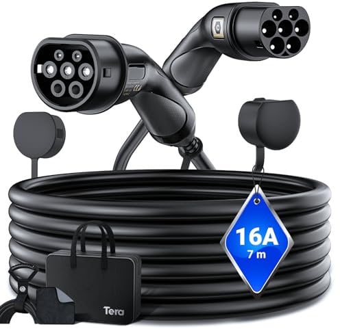 Tera EV Ladekabel Typ 2: 3,6KW 16A 7Meter 1-Phasen Typ 2 zu Typ 2 Mennekes IP55 Schnellladen Ladekabel Elektroauto Typ 2 für E-Auto EV/PHEV Deutsche Bedienungsanleitung DC-16A-7 Schwarz
