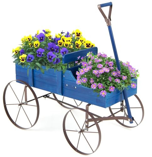 COSTWAY Garden Wagon Planter, Decorative Flower Pot Stand with Handle and Wheels, Wood Plants Holder Yard Tool Cart for Outdoor Indoor (Blue)