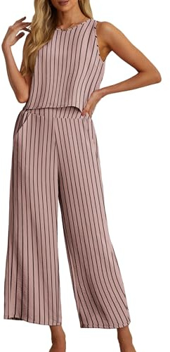 IWOLLENCE Co Ord Sets for Women 2 Piece Outfits Lounge Wear for UK Travel Airport Set Sleeveless Crop Tops Wide Leg Trousers with Pockets Casual Tracksuit Full Set Elegant (Stripe Pink, XL)