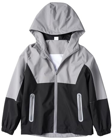 LAUSONS Vestes de Pluie Léger Imperméables pour Garçons et Filles Coupe Vent Scolaire Capuche Enfants Gris 7-8 ans/Taille 130