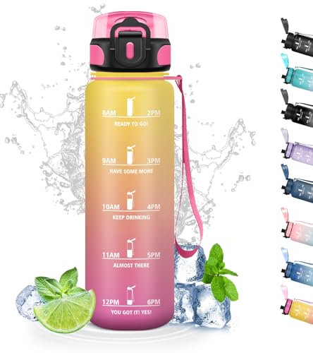 Botella Agua, Botella Agua Niños con Filtro, Botella Agua Deporte a Prueba de Fugas, Botella Agua 500ml, Fácil de Limpiar, Cantimplora para la Escuela, Oficina, Viajar, Acampar, Correr, Amarillo-Rosa