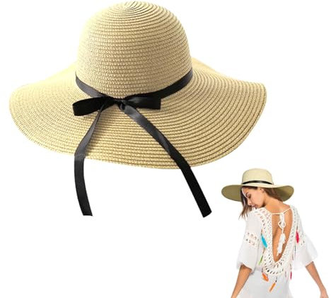 UILYNIU Chapeau de Paille Solaire à Large Bord pour Femme, Pliable, Plage, Voyage avec Décoration (Kaki)
