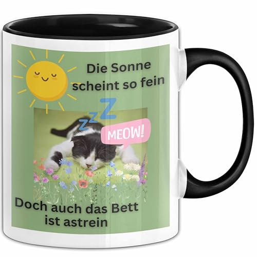 Meme Tasse Geschenk Lustiger Becher Katze Die Sonne Scheint So Fein Doch Auch Das Bett Ist Astrein (Schwarz)