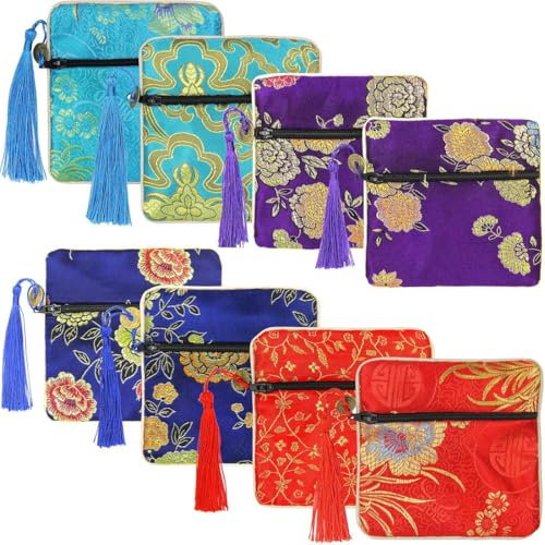 WeddHuis 8 Pochettes en Brocart de Soie avec Fermeture Éclair, Sacs Cadeaux pour Femmes, Bijoux, Monnaie, Voyage, Mariage, Anniversaire, Fête, Cadeaux Invités (11,5 x 11,5 cm)