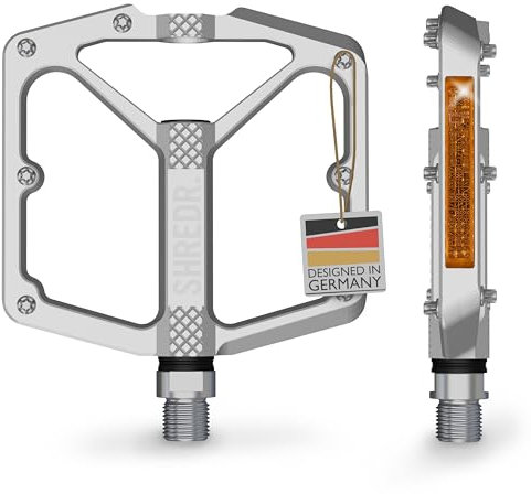 SHREDR. Shine Pedale für MTB | Hochwertige Flatpedals fürs Mountainbike | Mit Reflektoren (StVZO konform). (Silber, XL)