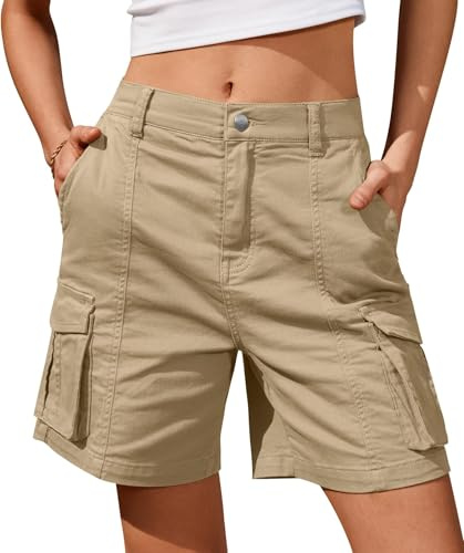 BUNSLOOM Kurze Hose Damen Sommer Bermuda Knie Lang mit 6 Taschen Elastischer Bund Shorts