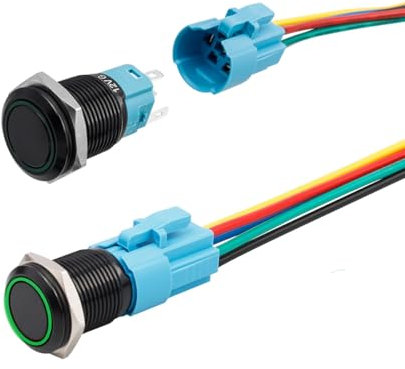 Treki 2 Piezas Pulsador Momentaneo 16 mm Botón Interruptor 12V 3A Interruptor Pulsador Metálico LED pulsador de Botón con Enchufe de Cable IP65 ON-Off Verde