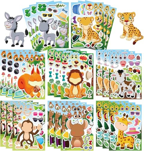 24 Sheets Cartoon Make a Face Stickers, Make Your Own DIY Stickers for Kids, Art Crafts Suitable for Birthday Party Supplies Gifts (Animal)