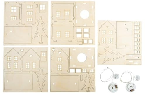 Rayher Holzbausatz Lichterhäuser,FSC Mix Credit, natur, 7-10cm,46tlg, +LEDLichterkette, Box 1Set, 46793505