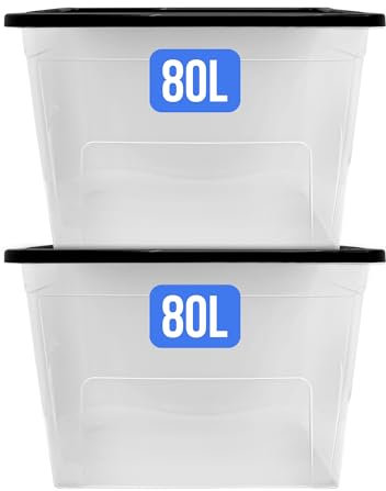 KMJ® 2 Pack Extra Large Plastic Storage Boxes with Lids – Sturdy & Clear Storage Boxes with Lid – Stackable Plastic Box with Lid– Nestable & Really Useful Box– 80 Liter Capacity