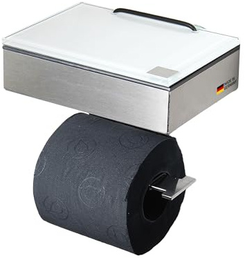 Toilettenpapierhalter mit Feuchttücherbox - Gehäuse Matt & Abdeckung Glas Weiß - befüllbar von Rechts - Wandhalterung 2-in-1, Feuchttuchbox & Klopapierhalter aus Edelstahl, Made in Germany