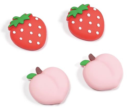 Crazy DIY Erdbeere & Pfirsich Daumengriffe Kappen für Schalter/Schalter OLED Cute Fruit Soft Silikon Joystick Button Caps Analog Joy Con Stick Schutzhülle - Rot und Rosa (4 Stück)