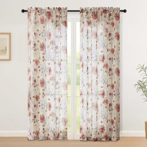 Simplebrand Blumenprint Vorhänge mit Doppelperforationstechnik 130Bx200H Voile Gardinen Bleistiftfalten Technologie Sichtschutz Lichtdurchlässig Für Große Fenster