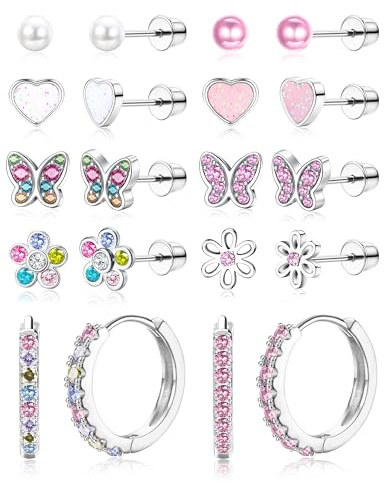 LOLIAS 10 Paar Kinder Ohrringe Mädchen Ohrstecker und Creolen Edelstahl | Ohrringe für Mädchen Rosa Kunstperlen Herz Blume Schmetterling Kinderohrringe Silberfarben/14K Vergoldet