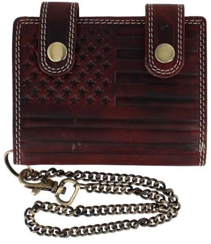 CTM Men's Leather American Flag Bifold Chain Wallet with Snap Closure, Brown