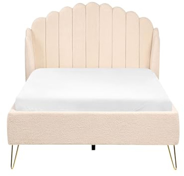 Beliani Boucle Bed Frame Shell Headboard EU Small Double Size 4ft Metal Legs Beige Ambillou