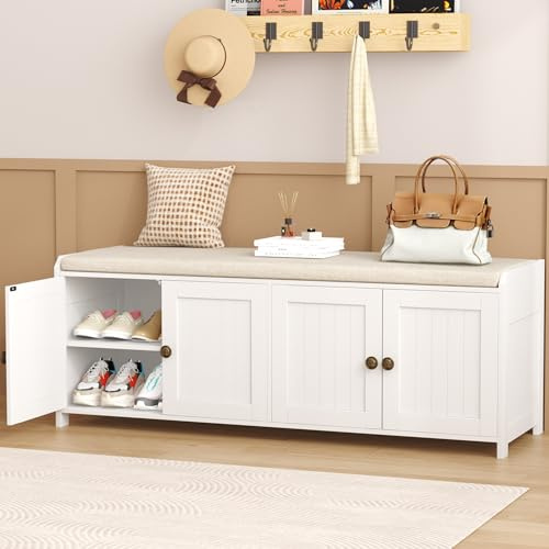 HOME BI Shoe Storage Bench with Cushion, 4 Door Entryway Bench with Padded Seat, 2-Tier Shoe Organizer with Adjustable Shelves, Wooden End of Bed Bench for Bedroom, Hallway,Living Room,Entrance,White