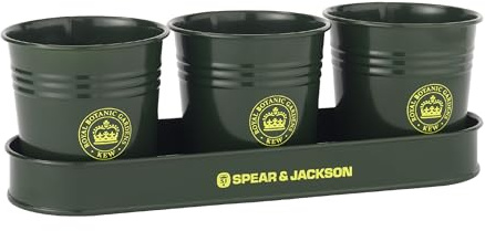 Spear & Jackson Kew Gardens Urban Oasis Set de 3 Macetas con Bandeja, Acero Galvanizado, Macetas para Hierbas y Plantas de Interior, Alféizar y Balcón, Verde