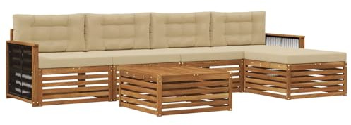 vidaXL Outdoor-Sofagarnitur mit Kissen 6 pcs Natur und Beige, Patio-Sofa, modernes Eckset, wetterfester Gartenlounge, Bequeme Terrassenplätze für entspannte Zeiten