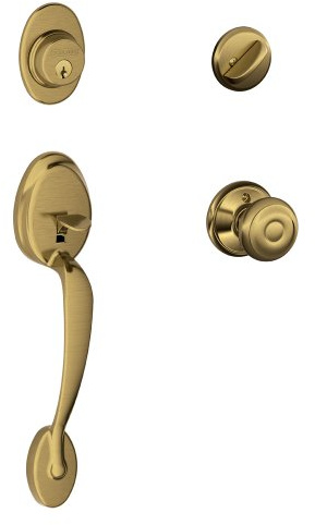 SCHLAGE Plymouth Single Cylinder Handleset and Georgian Knob, Antique Brass (F60 PLY 609 GEO)