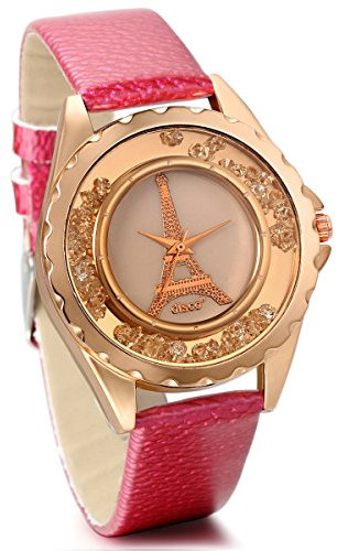 JewelryWe Uhren Damen Leder Eiffelturm: Elegant Charme Analog Quarz Armbanduhr Frauen Mädchen Casual Uhr mit Rot Leder Armband & Beweglich Strasssteine Eiffelturm Zifferblatt