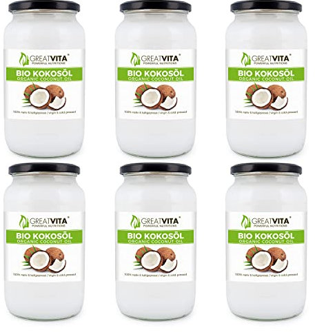 GreatVita Bio Kokosöl, nativ, (6 x 1000 ml) im Glas zum Kochen Braten Backen Hautpflege