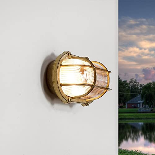Licht-Erlebnisse Wandleuchte Schiffslampe außen, Maritime Kellerleuchte Messing, Ovalleuchte, rostfrei, T:10 cm, IP64, E27, Rustikal, Feuchtraumlampe, Wandleuchte Haus