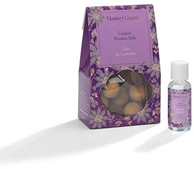 Hassett Green London - Lilac & Lavender - Scented Wooden Balls Pack of 12 plus 30ml Bottle of Home Fragrance Oil for Refreshing - Alternative to Pot Pourri, Diffusers, Sachets and Drawer Liners