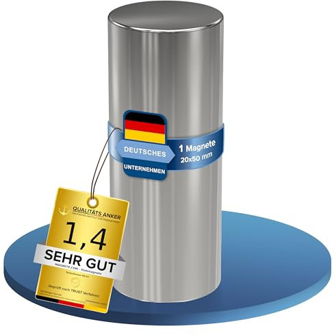 1x Neodym Power Magnet silber - Stabmagnet extra stark lang - Durchmesser 20x50mm lang - starke Magneten Supermagnet - Haftkraft ca. 22kg - Magnete für Whiteboard, Pinnwand, Magnettafel, Werkstatt
