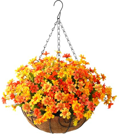 INQCMY Fleurs artificielles d'automne à Suspendre dans Un Panier, Panier Lvy avec Marguerites artificielles à Suspendre pour la décoration de la Cour, de l'extérieur et de l'intérieur (Orange)