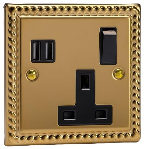 Varilight Single Plug Socket With USB Charging - Classic Georgian Brass With Black Insert, XG4U2SB