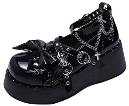 Ulalaza Scarpini Lolita per Donna Scarpe Mary Jane in Cuoio Nodo in Dentella Bottine Compensate per Cosplay Stile Mignon