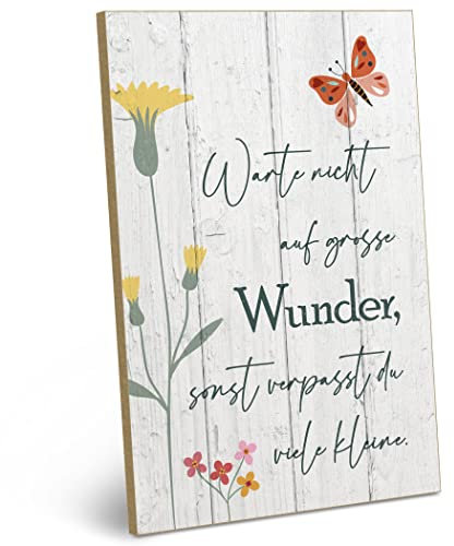 ARTFAVES® Wandbild Holzschild mit Spruch - Warte nicht auf große Wunder - Türschild Retro Vintage Deko Bild Geschenk - Glücklichsein, Achtsamkeit