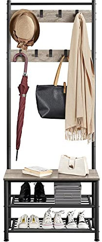 costoffs Coat Rack Stand for Bedroom, Living Room & Hallway, Free Standing Hall Tree with Shoes Storage Bench, 9 Movable Hooks & 2-tier Open Shelves, 72.5x33x184.5cm, Grey