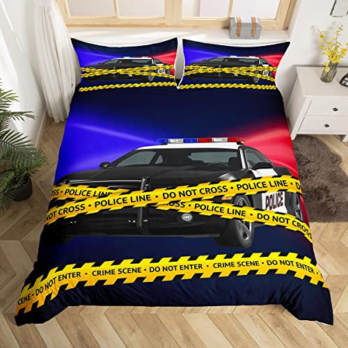 Loussiesd Jungen Polizeiwagen Bettbezug Set Kinder Karikatur Auto Betten Set Rot Blau Cop Beleuchtung Bettwäsche Set 220x240cm für Kinder Mädchen Jugendliche Einsatzkräfte Fahrzeuge Raumdekoration