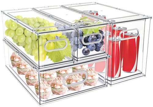 MineSign 4 pack Stackable Fridge Drawers Pull-Out Bins Divided Produce Saver Containers for Refrigerator Storage Organizers for Veggie Fruit Berry Pantry Cabinet Makeup Clothes