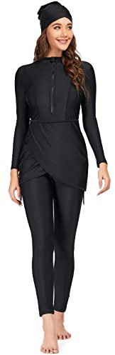 Odizli Burkini Damen Muslim Frauen Muslimische Badeanzug Full Cover Schwimmanzug Islamisch Arabisch Jilbab Langarm Schwimmoberteile Built in Bra+Schwimmhose+Hijab 3tlg Modest Bademode 2#Schwarz XXL