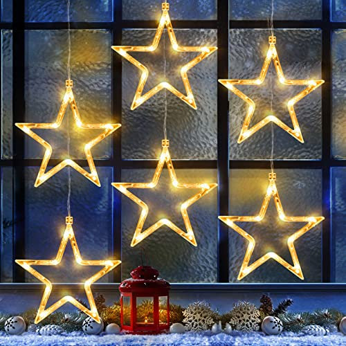Weihnachtsdeko mit 6 Sterne, Elktry 2 Stück 60 LEDs Fensterdeko Stern mit Timer, Memory Funktion Innen Batterie Warmweiß Weihnachtsstern Beleuchtung Außen für Fenster, Kinderzimmer, Baum, Balkon