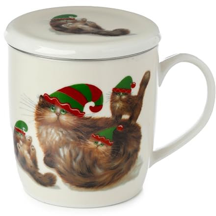 Puckator Kim Haskins Christmas Elf Cats Porcelain Infuser Tea Coffee Mug Set with Lid - Funny Home Accessories - Cute Gifts for Girlfriend - Large Mugs for Men Women Hot Drinks - Cute Cups Presents
