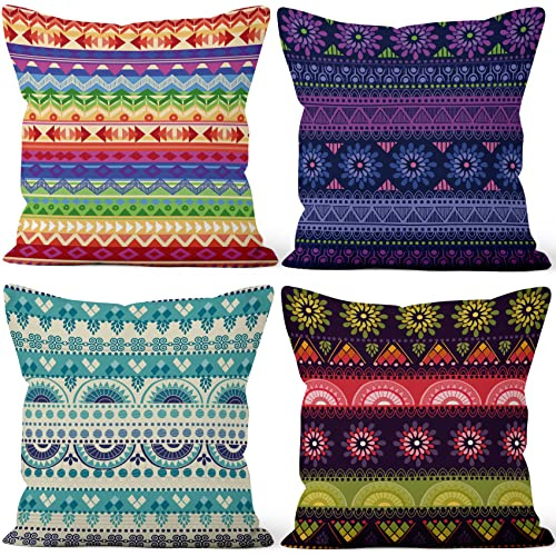 Aoihrraan 60x60cm 4er Set Dekorativ Boho Stil Kissenbezug Bunt Bohemien Mandalas Ethnisch Pattern Weicher Plüsch Quadratischer Kissenbezug Wohnzimmer Draussen Balkon Patio Stuhl Garten Sofá