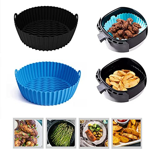 Non-Stick Silicone Premium Thick Air Fryer Liners - Black & Blue 7.9inch (2 Peices) Round Reusable 3QT-5QT - Heat Resistant, Easy Clean, Oven & Microwave Safe, Perfect for Healthy Baking and Grilling!