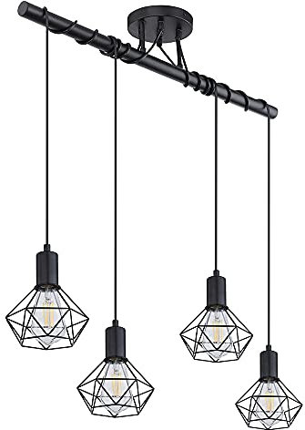 etc-shop Decken Hängelampe Industrial Pendelleuchte Esstisch Schiene Lampe Gitter schwarz, Höhenverstellbar mit diamantförmigen Spots 4 Flammig, LxH 80x100 cm, Esszimmer