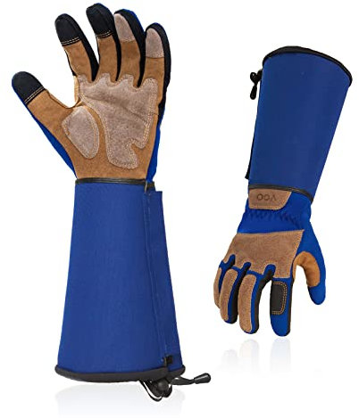 Vgo... Gardening Gloves Long Sleeves in Leather with Touchscreen, Heavy Duty Work Gloves Gauntlet Thorn Proof Antivibration for Yard Garden Agriculture,1 pair