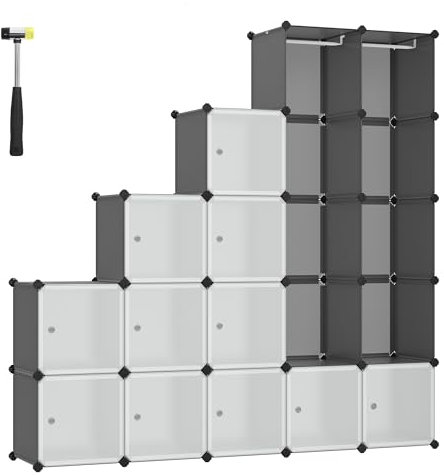 SONGMICS Würfelregal, Kleiderschrank Kunststoff, Steckregal groß, Regalsystem mit Türen und Kleiderstangen, jedes Fach 35 x 35 x 35 cm, für Schlafzimmer, Taubengrau LPC301G01