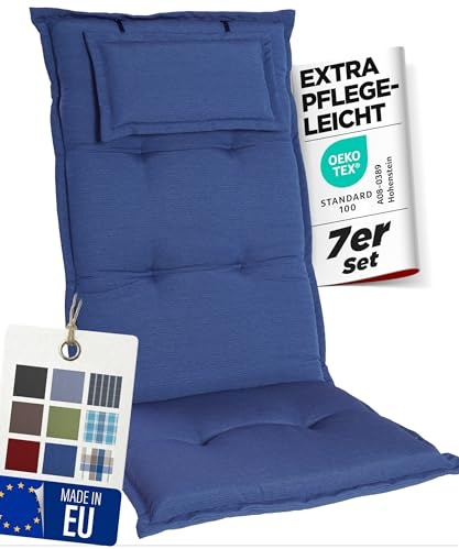 gardisun Gartenstuhlauflagen Hochlehner mit Kopfteil, 7er Set, Blau | Extra Dicke Sitzauflagen, Made in Europe, Polsterauflagen für Hochlehner, Auflagen mit extra hohem Komfort