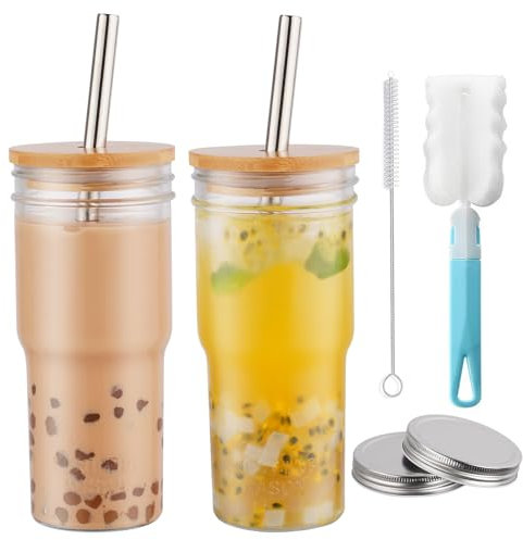 RHtvrll 2 Stück Bubble Gläser mit Deckel und Strohhalm, 22 Oz Bubble Tea Becher Wiederverwendbare Mason Jar Trinkgläser für Saft, Tea, Bier, Smoothie-Trinken